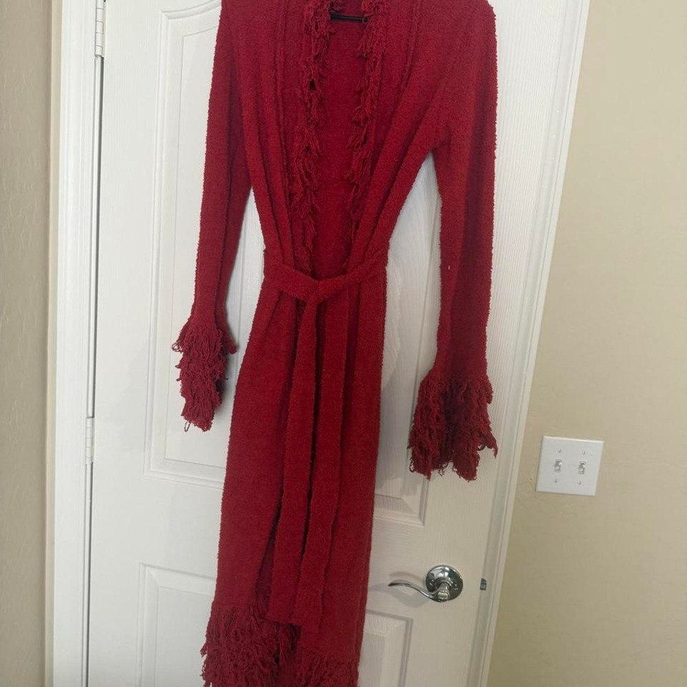 SHEIN Red Fringed Cardigan Boho Longline Duster Belted Size S sz2510292181980